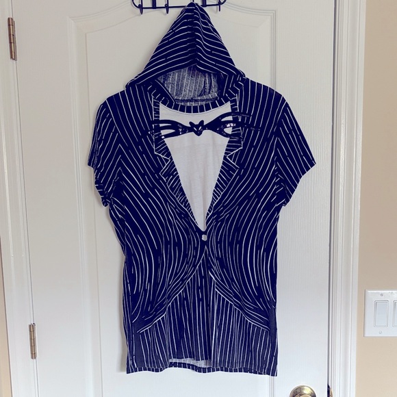 Disney NBC Jack Skellington Black and White Striped Hooded Shirt - Picture 1 of 4